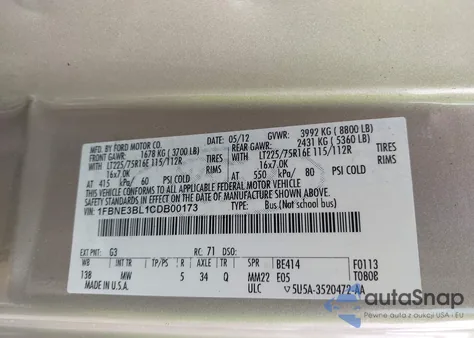 2012 Ford Econoline E350 Super Duty Wagon from USA, damaged, VIN 1FBNE3BL1CDB00173